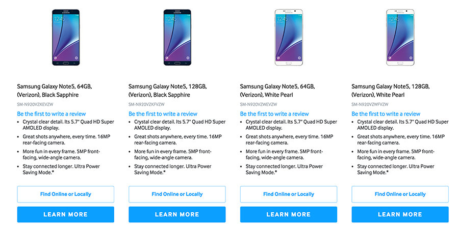 128GB Note 5 options appears on Samsung's website. Screenshot: SamMobile