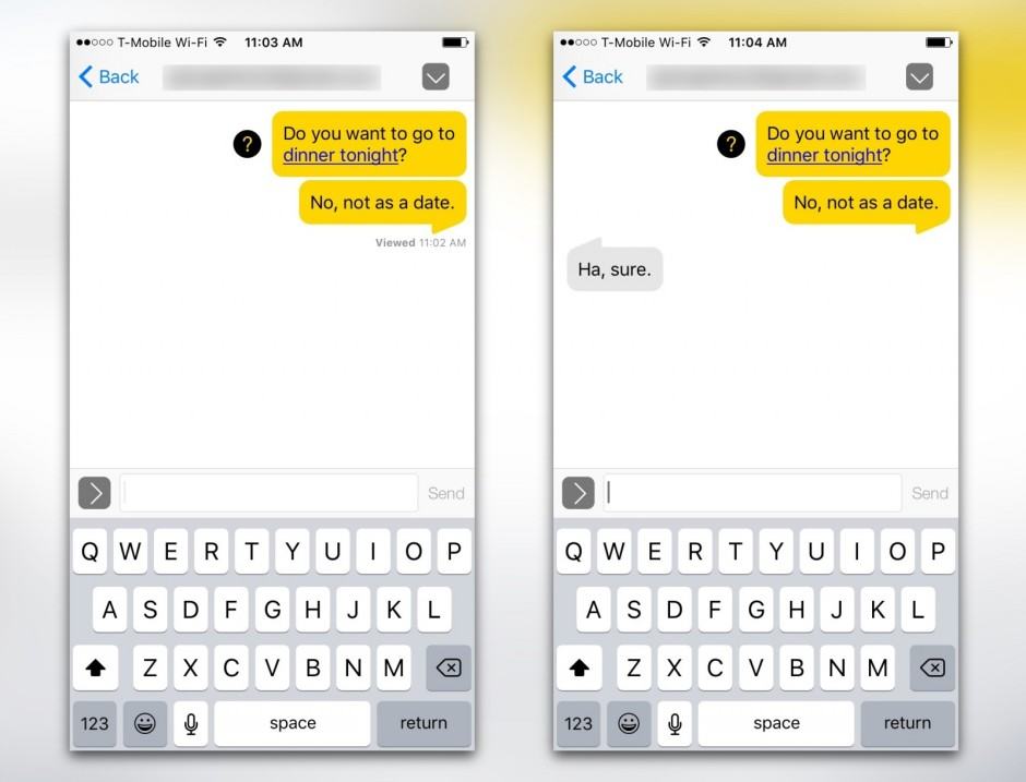 Recipients can swipe to send a question mark for a confusing message. Photo: reTXT