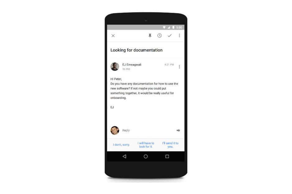 Inbox Smart Reply in action. Photo: Google