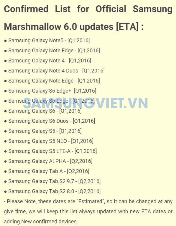 Samsung's latest release schedule, according to SamsungViet.vn.